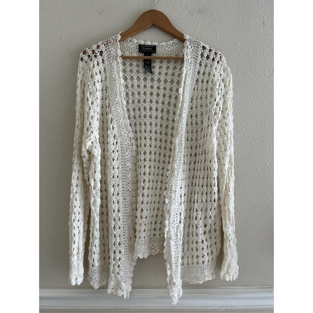 Vintage LAUREN Ralph Lauren Hand Knit Cotton Crochet Large Cottagecore *flaw